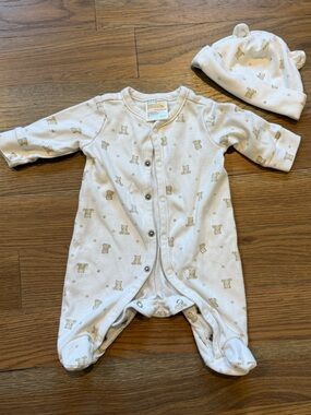 First Impressions Cream Bear Print Footie with Hat